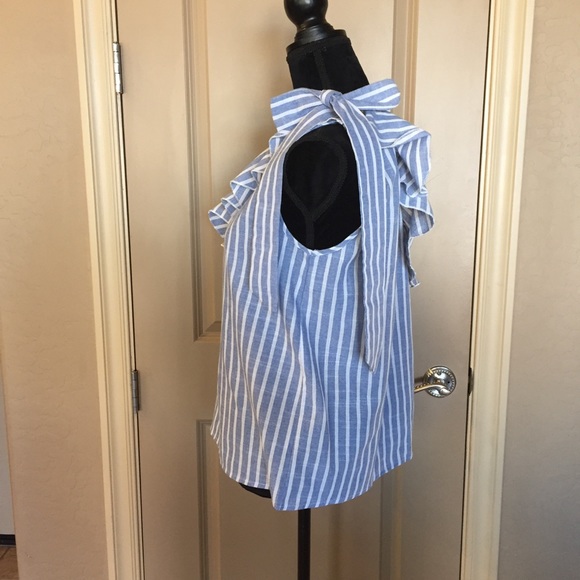 Striped One Shoulder Ruffle Blouse with Bow - Picture 6 of 8